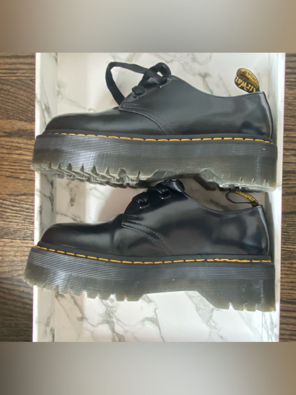 Dr. Martens Women Holly Oxford Black Leather Lug Sole with Yellow stitching